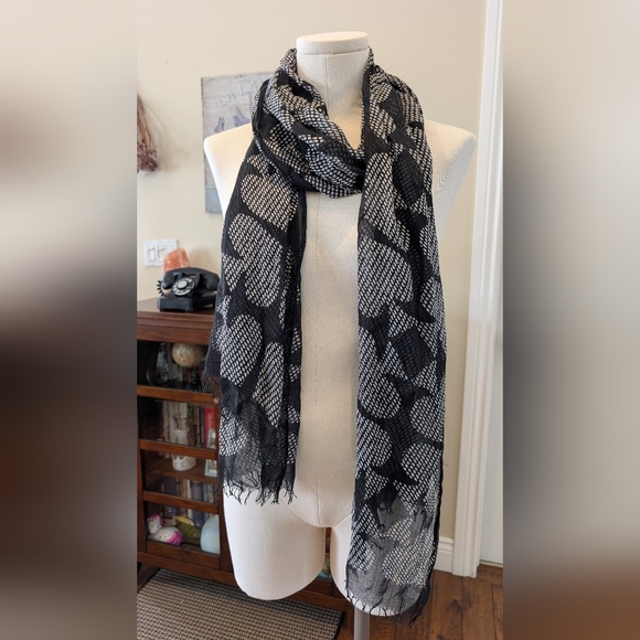 Kate Spade New York Lightweight Black Scarf White Spade Motif, Frayed Edges - Picture 2 of 10